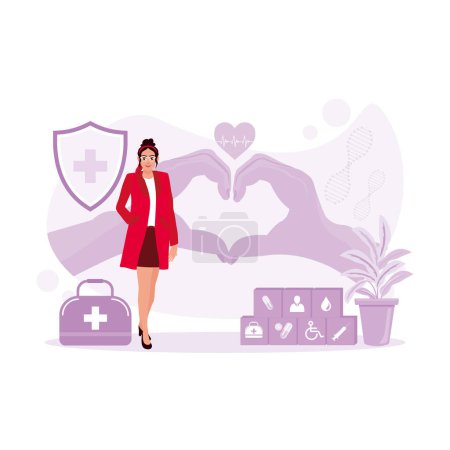 Illustration for Female doctor in glasses standing in front of her hands with a heart symbol with medical icons beside her. Medical concept. Trend Modern vector flat illustration - Royalty Free Image