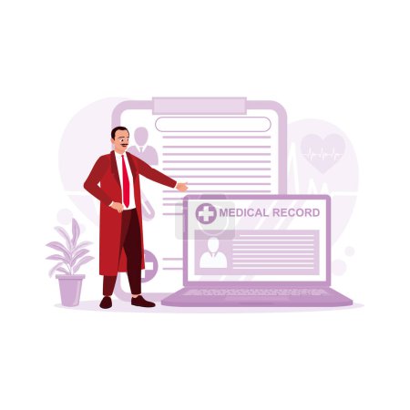 Illustration for Male doctor shows medical records and patient data using a laptop. Digital health technology. Medical concept. Trend Modern vector flat illustration - Royalty Free Image
