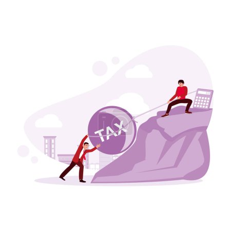 Illustration for A businessman pulls a load that says tax over a cliff and is pushed by another businessman. Tax concept. Trend Modern vector flat illustration - Royalty Free Image