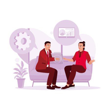 Illustration for Senior businessman using a digital tablet to discuss something with a younger colleague in the office. Discussion concept. Trend Modern vector flat illustration - Royalty Free Image