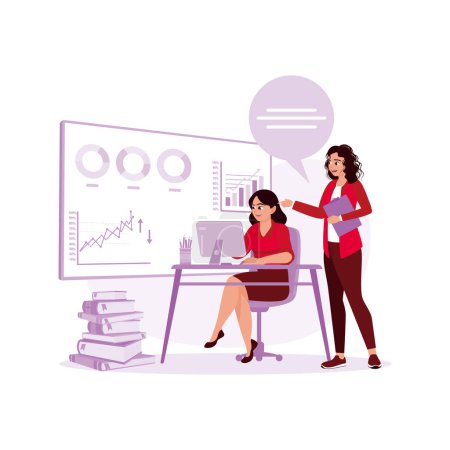 Illustration for Two young businesswomen are discussing analyzing planning and financial statistics in the office. Discussion concept. Trend Modern vector flat illustration - Royalty Free Image