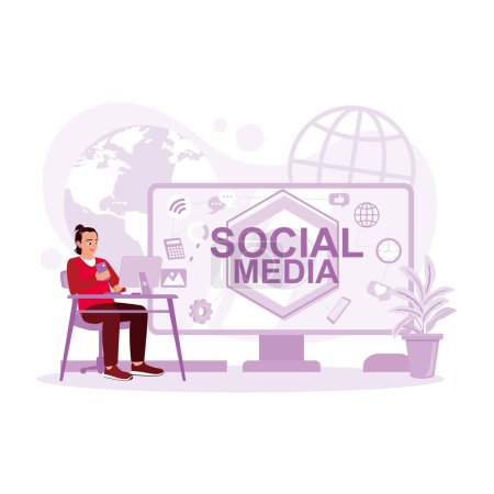 Illustration for A man innovates social media and social networking technology on a laptop. Social Media concept. Trend Modern vector flat illustration - Royalty Free Image