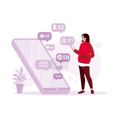 Illustration for A woman using a cell phone with notification icons on the screen, digital marketing. Social Media concept. Trend Modern vector flat illustration - Royalty Free Image
