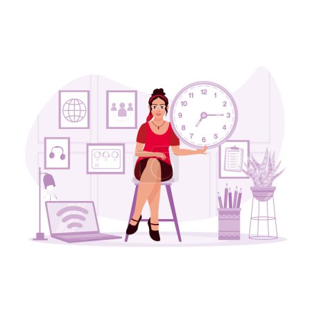 Ilustración de Exitosa mujer de negocios sosteniendo el reloj, trabajando con el ordenador portátil en la oficina. Concepto de gestión del tiempo. Tendencia Moderno vector ilustración plana - Imagen libre de derechos