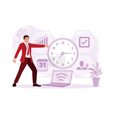 Ilustración de Concepto de gestión del tiempo. Un gerente apunta a un gran reloj, la gestión de los procesos de trabajo en la empresa. Tendencia Moderno vector ilustración plana - Imagen libre de derechos