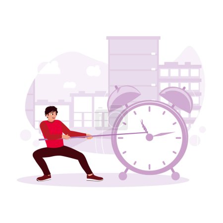 Illustration for The businessman pulls the clock's hand tightly. Office building background. Time Management concept. Trend Modern vector flat illustration - Royalty Free Image