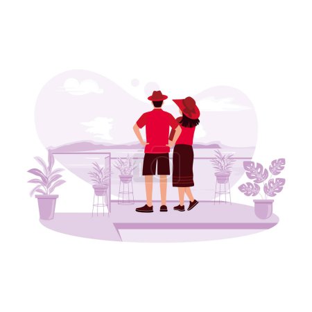 Illustration for A husband and wife enjoy the beauty of the sunset over the sea. Vacation Resort Travel concept. Trend Modern vector flat illustration - Royalty Free Image