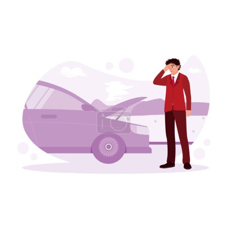 Illustration for The businessman has a car engine failure on the road and is waiting for help from the towing service. Marketing Trends concept. Trend Modern vector flat illustration - Royalty Free Image