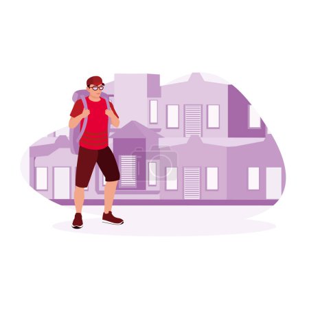 Illustration for A young man walks along the road by the beach, with a row of houses in the background. Vacation Resort Travel concept. Trend Modern vector flat illustration - Royalty Free Image