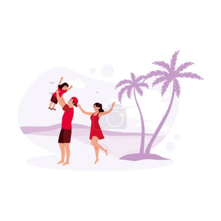 Ilustración de Feliz padre, madre, hijo de vacaciones en la playa. Caminaron por la playa. Vacation Resort Concepto de viaje. Tendencia Moderno vector ilustración plana - Imagen libre de derechos