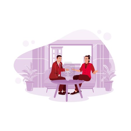 Illustration for Two businessmen are meeting in a modern office, negotiating and mutually agreeing. Discussing concepts. Trend Modern vector flat illustration - Royalty Free Image