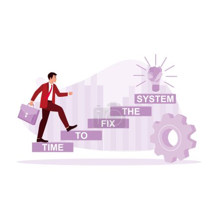 Illustration for A businessman walks on wooden blocks with a time to fix the system symbol. Marketing Trends concept. Trend Modern vector flat illustration - Royalty Free Image