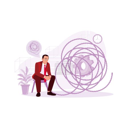 Illustration for Businessman sitting in a chair trying to untangle tangled threads. The process of solving complex problems. Marketing Trends concept. Trend Modern vector flat illustration - Royalty Free Image