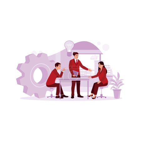 Illustration for A manager leads a meeting with other entrepreneurs in a meeting room. Talking about new work projects. Discussing concepts. Trend Modern vector flat illustration - Royalty Free Image
