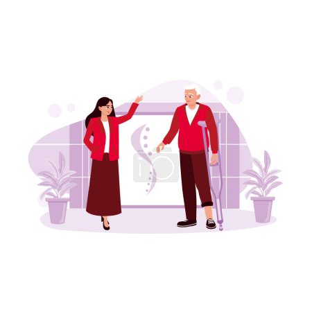 Illustration for An older man with a leg injury practices walking with a cane with the help of a female therapist. Physical concepts. Trend Modern vector flat illustration - Royalty Free Image