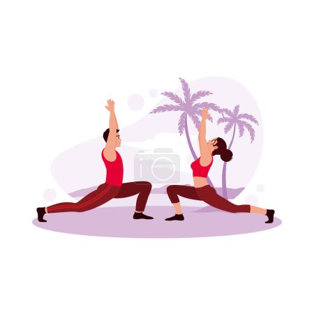 Illustration for A pair of young sportsmen wearing sportswear warming up outdoors on the beach. Physical concepts. Trend Modern vector flat illustration - Royalty Free Image