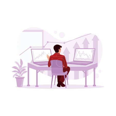 Illustration for Young businessman sitting in front of computer laptop looking at trading charts. Investment And Stock Scene concept. Trend Modern vector flat illustration - Royalty Free Image
