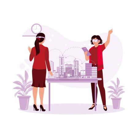 Illustration for Male and female architects wearing Augmented Reality Headsets studying urban spatial concepts. Augmented Reality concept. Trend Modern vector flat illustration - Royalty Free Image