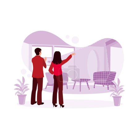 Illustration for Young couple using a digital tablet with Augmented Reality Interior Design Software to organize room layout. Augmented Reality concept. Trend Modern vector flat illustration - Royalty Free Image