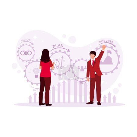 Illustration for The manager and his assistant plan the development of the business to succeed virtually. Idea Management concept. Trend Modern vector flat illustration - Royalty Free Image