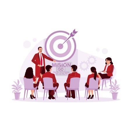 Illustration for The manager leads a meeting on the Goal Vision Strategy in the office. Vision Statement concept. Trend Modern vector flat illustration - Royalty Free Image