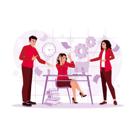 Illustration for Female office worker feels exhausted and depressed with a lot of messy work. Multitasking concept. Trend Modern vector flat illustration - Royalty Free Image