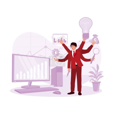 Businessman in a suit with many hands, working simultaneously in an office. Multitasking concept. Trend Modern vector flat illustration