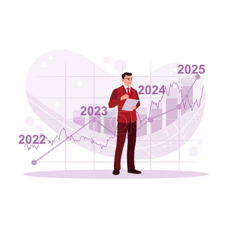 Illustration for Businessman looking at the economic growth graph from 2021-2023 via digital tablet. Vision Statement concept. Trend Modern vector flat illustration - Royalty Free Image