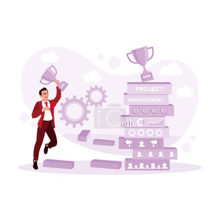 Illustration for Businessman jumping and carrying a trophy in hand. Entrepreneurs achieve success. Project Management concept. Trend Modern vector flat illustration - Royalty Free Image