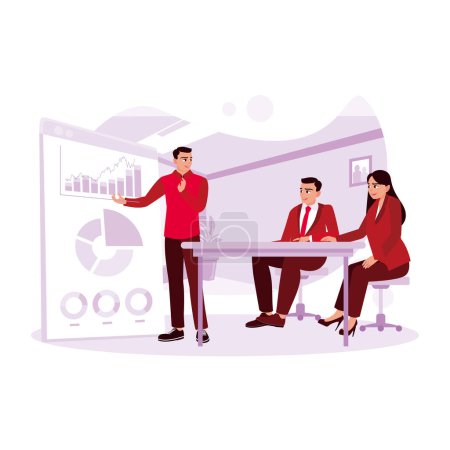 Illustration for Young manager presenting financial growth to other workers in the office. Project Management concept. Trend Modern vector flat illustration - Royalty Free Image