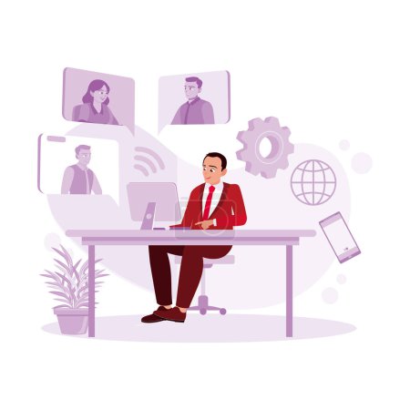 Illustration for Middle-aged businessman working at the computer. Conduct virtual meetings and video calls. Project Management concept. Trend Modern vector flat illustration - Royalty Free Image