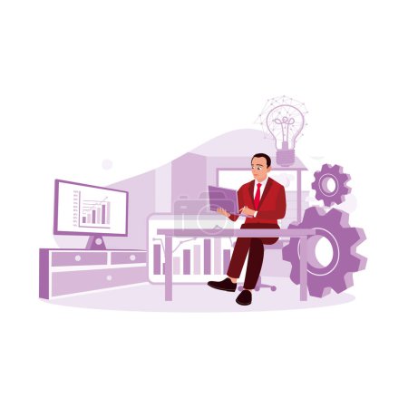 Illustration for Mature businessman taking notes on a laptop and analyzing office marketing charts. Blog Creation concept. Trend Modern vector flat illustration - Royalty Free Image