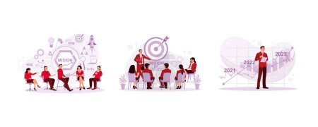 Illustration for Multicultural businesspeople sitting together. Meeting on Target Vision Strategy in the office. Economic growth graph on tablet. Vision Statement concept. Set Trend Modern vector flat illustration - Royalty Free Image