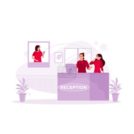 Illustration for Two receptionists work at the counter, serving clients via telephone calls and data on computers. Hotel Receptionist Concept. Trend Modern vector flat illustration - Royalty Free Image