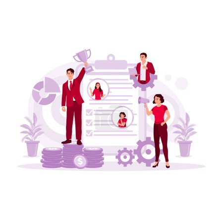 Illustration for A businessman is standing on a pile of coins holding a trophy. Solid work team. Project Management Concept. Trend Modern vector flat illustration - Royalty Free Image