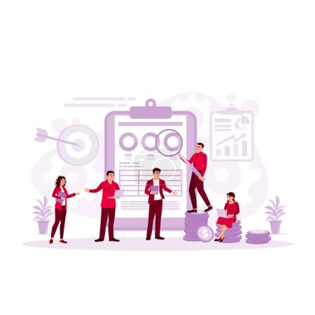 Illustration for Diverse business team examining company financial charts and documents. Accounting concept. Trend Modern vector flat illustration - Royalty Free Image