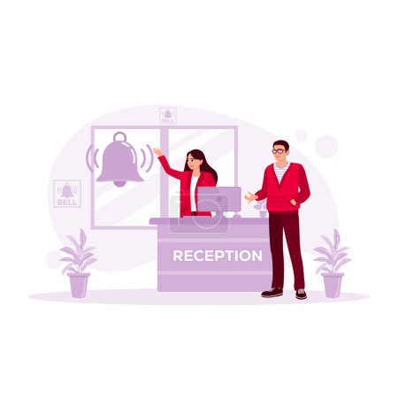Illustration for Hotel reception desk with a bell to serve guests. Hotel Receptionist concept. Trend Modern vector flat illustration - Royalty Free Image