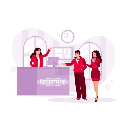Illustration for Professional female receptionist serving a pair of guests at the reception desk. Hotel Receptionist concept. Trend Modern vector flat illustration - Royalty Free Image