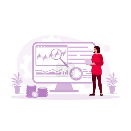Illustration for Young woman working in modern office. Using a laptop computer to analyze data and stock trading candlestick charts. Data Analysis Concept. Trend Modern vector flat illustration - Royalty Free Image