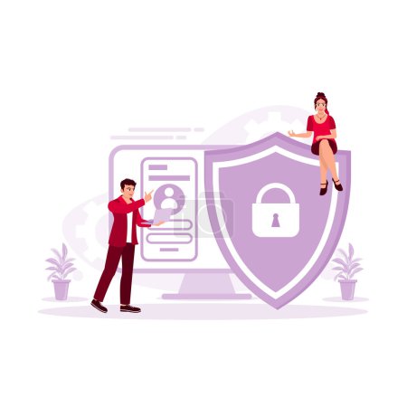 Illustration for Protection of employee data security on computer laptops. The shield padlock icon on a computer screen. Cyber Security concept. Trend Modern vector flat illustration. - Royalty Free Image