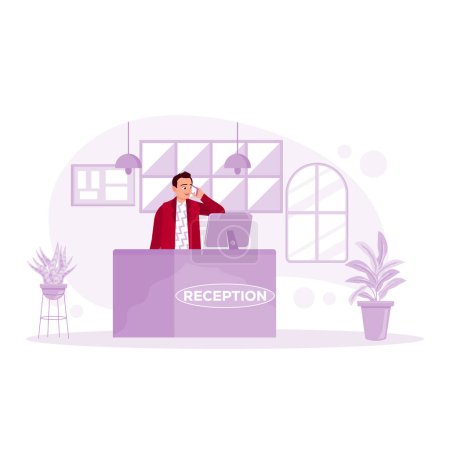 Illustration for A friendly male receptionist receives a telephone call at the work desk. Hotel Receptionist concept. Trend Modern vector flat illustration - Royalty Free Image