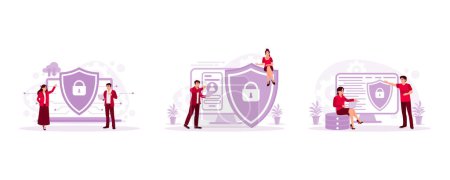 Illustration for IT experts use laptops to store data. The shield padlock icon on a computer screen. Female IT programmer. Cyber Security concept. Set Trend Modern vector flat illustration. - Royalty Free Image