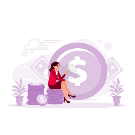 Illustration for A young woman in a suit was sitting on a pile of coins. One large coin is next to it in the background. Earning Money concept. Trend Modern vector flat illustration - Royalty Free Image
