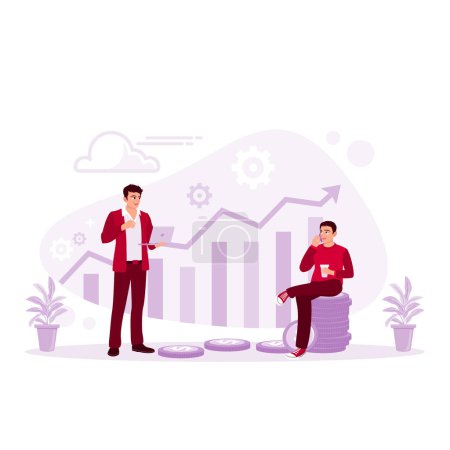 Illustration for A businessman is sitting on a pile of coins, and another businessman is looking at money on a laptop that keeps increasing. Passive Income concept. Trend Modern vector flat illustration - Royalty Free Image