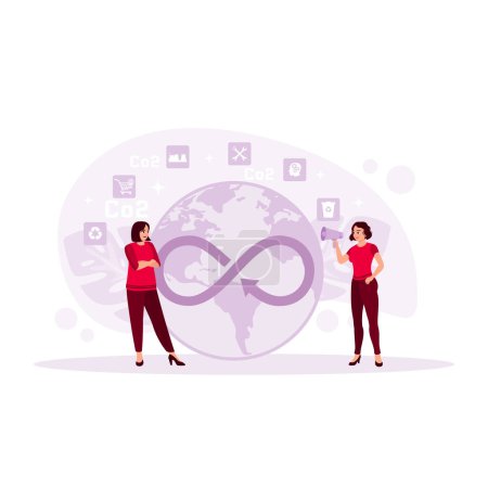 Illustration for A woman using binoculars looks at the circular economy as a whole. Another woman stood beside him. Circular Economy concept. Trend Modern vector flat illustration - Royalty Free Image