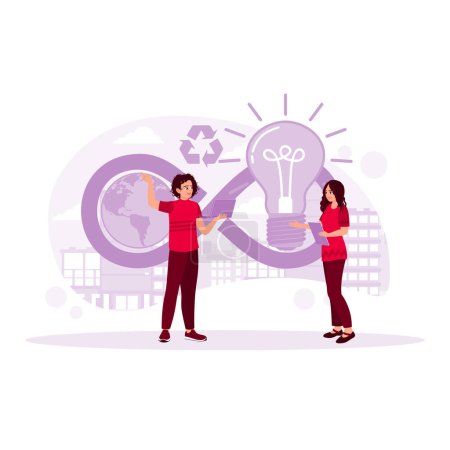 Illustration for Two workers stand exchanging ideas about the future economy. Circular economy icon behind it. Circular Economy concept. Trend Modern vector flat illustration - Royalty Free Image