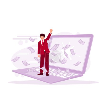 Illustration for Young man standing on laptop. Earn a lot of money from laptops. Earning Money concept. Trend Modern vector flat illustration - Royalty Free Image