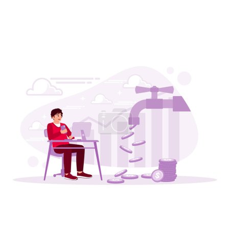 Illustration for A young man was sitting in a chair in front of a computer. Money drips from the water tap. Passive Income concept. Trend Modern vector flat illustration - Royalty Free Image