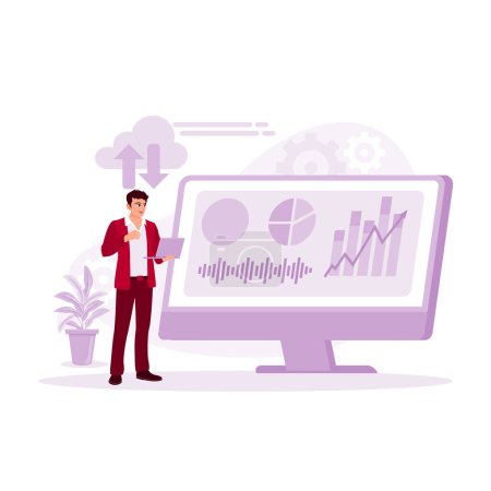 Illustration for The businessman is standing, holding a laptop, accessing data on the computer. Could Computing concept. Trend Modern vector flat illustration - Royalty Free Image