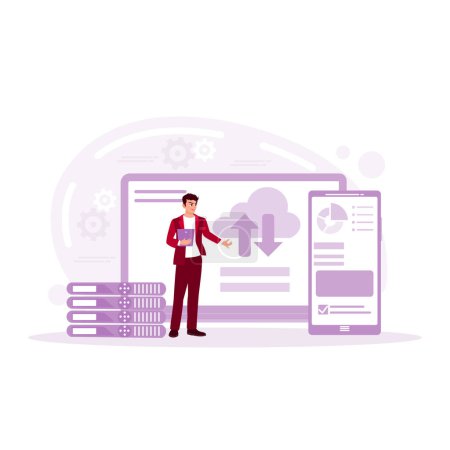 Illustration for Businessman creates cloud concept to store data on digital tablet. Could Computing concept. Trend Modern vector flat illustration - Royalty Free Image